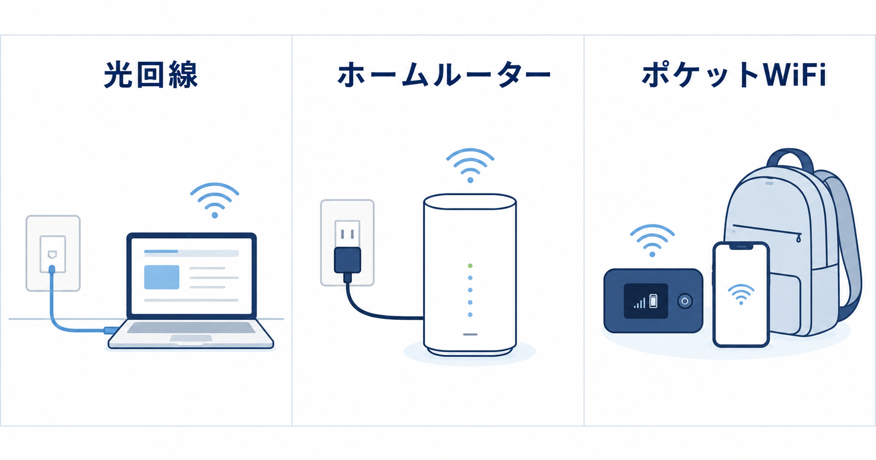 光回線・ホームルーター・ポケットWiFiの比較図