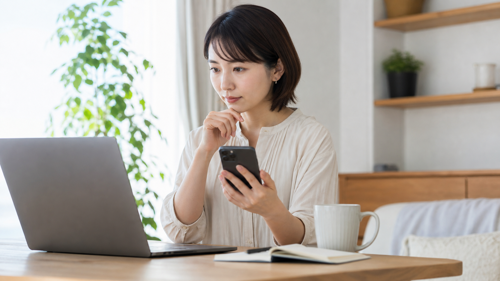 スマートフォンとパソコンで運営会社と個人情報の扱いを確認する女性