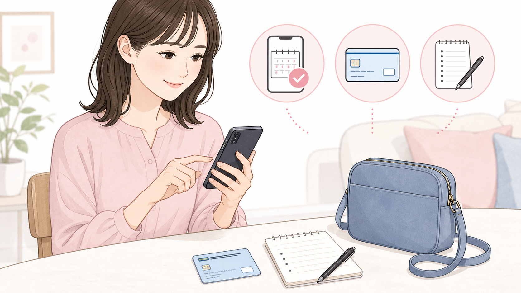 リンリン脱毛の初回カウンセリング前にスマートフォン、健康保険証、質問メモを準備する女性