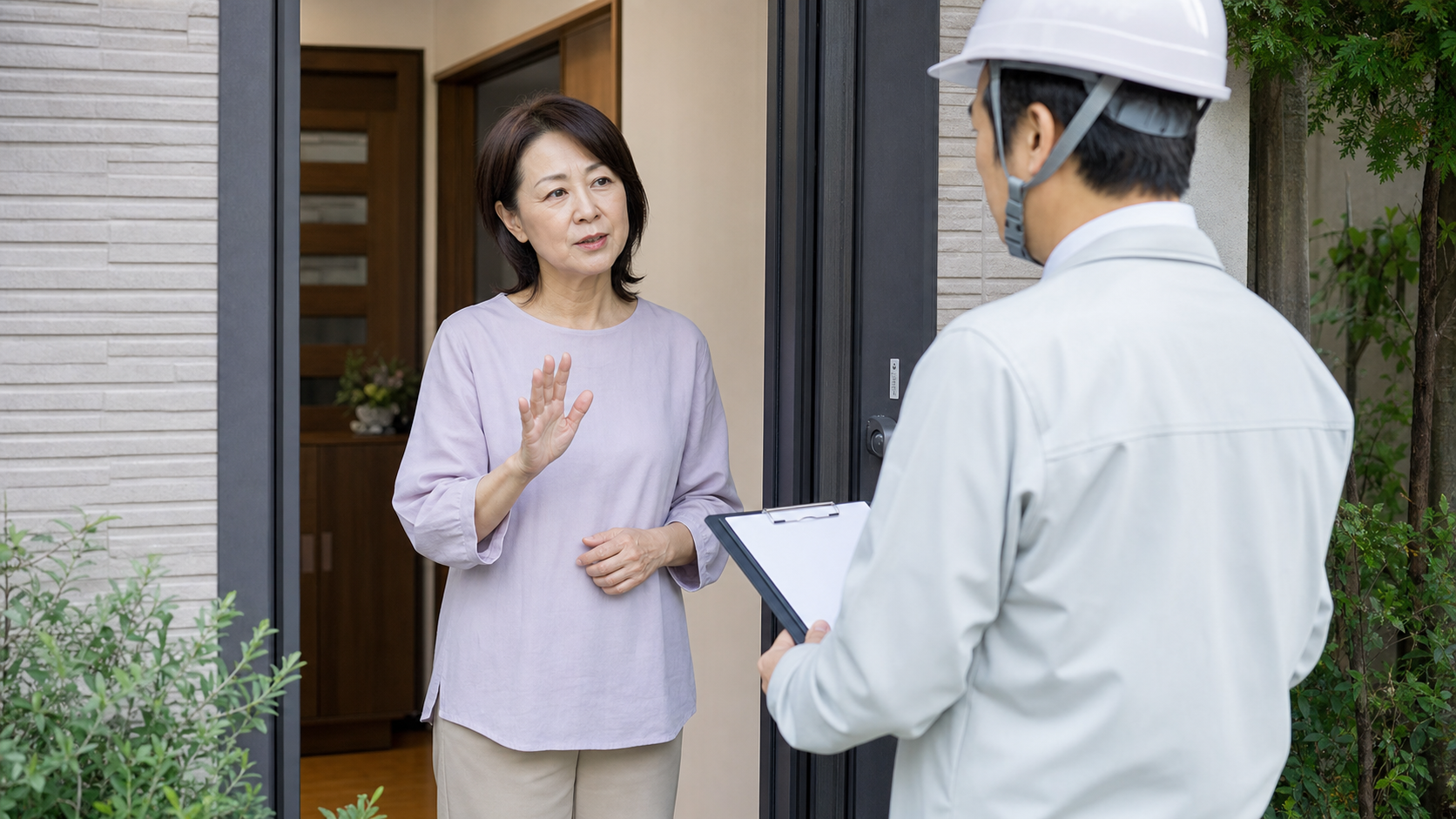シロアリ駆除の訪問業者へその場では契約しないと伝える女性